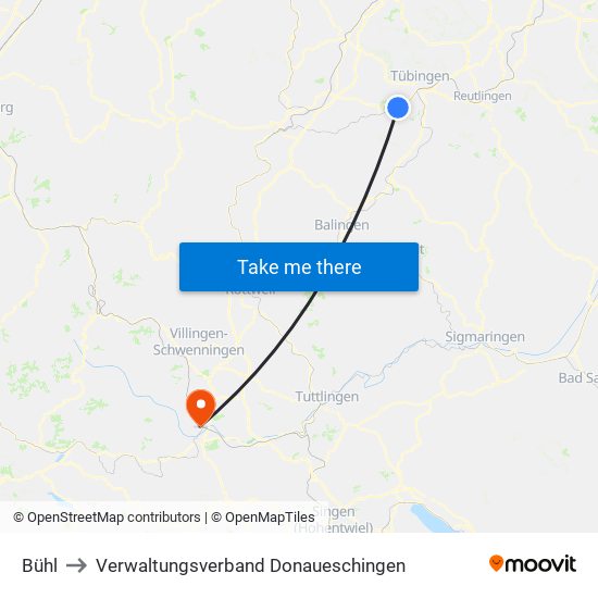 Bühl to Verwaltungsverband Donaueschingen map