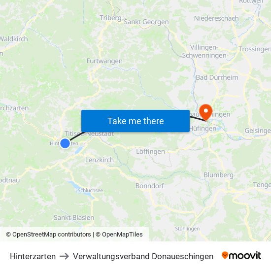 Hinterzarten to Verwaltungsverband Donaueschingen map