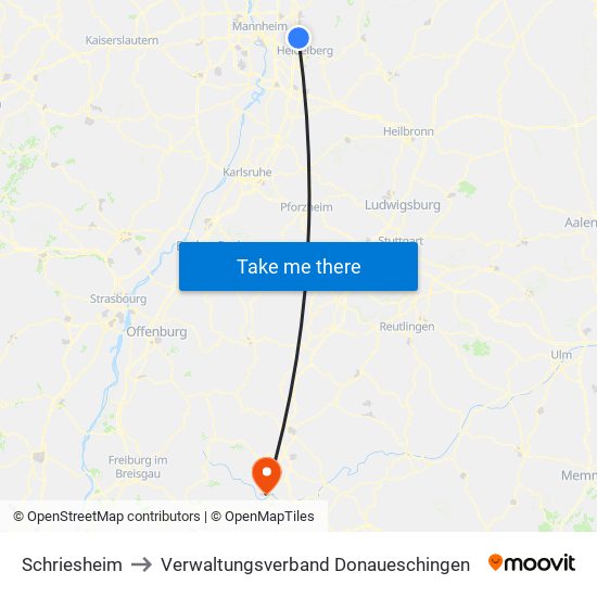 Schriesheim to Verwaltungsverband Donaueschingen map