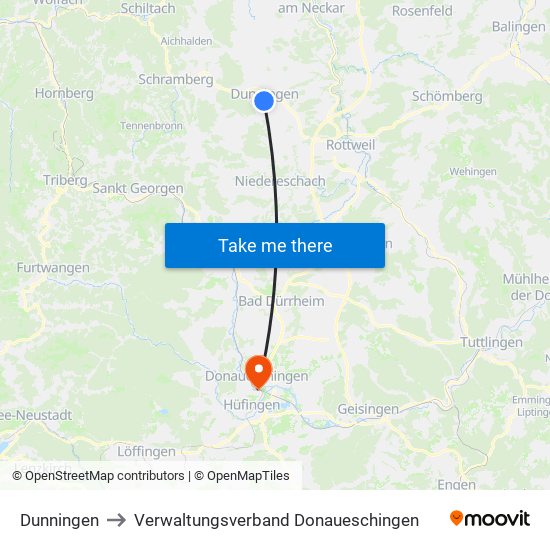 Dunningen to Verwaltungsverband Donaueschingen map