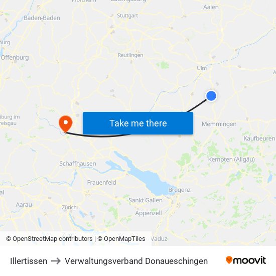 Illertissen to Verwaltungsverband Donaueschingen map