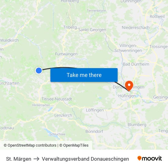 St. Märgen to Verwaltungsverband Donaueschingen map