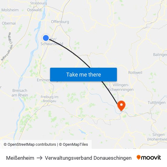 Meißenheim to Verwaltungsverband Donaueschingen map