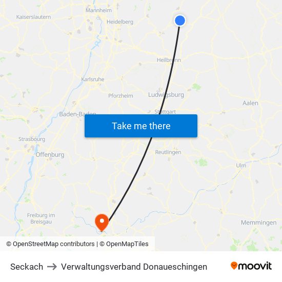 Seckach to Verwaltungsverband Donaueschingen map