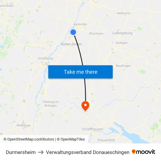 Durmersheim to Verwaltungsverband Donaueschingen map