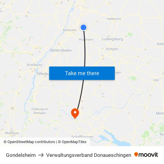 Gondelsheim to Verwaltungsverband Donaueschingen map