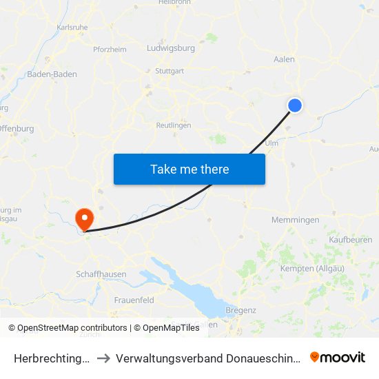 Herbrechtingen to Verwaltungsverband Donaueschingen map