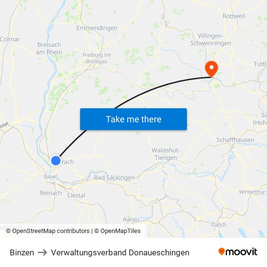 Binzen to Verwaltungsverband Donaueschingen map