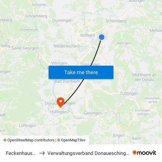 Feckenhausen to Verwaltungsverband Donaueschingen map