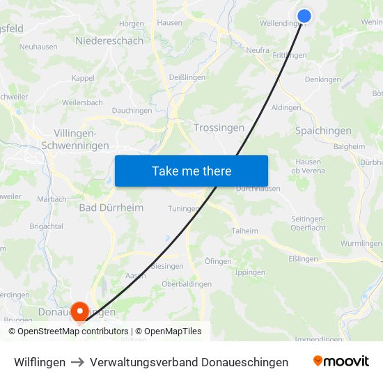 Wilflingen to Verwaltungsverband Donaueschingen map