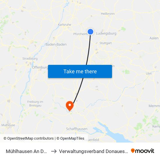 Mühlhausen An Der Enz to Verwaltungsverband Donaueschingen map