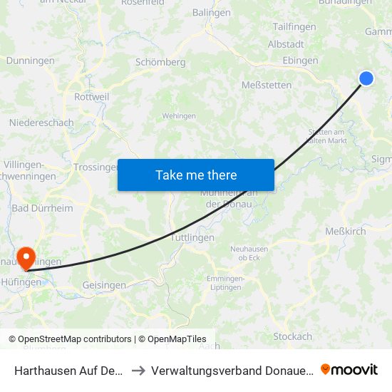 Harthausen Auf Der Scher to Verwaltungsverband Donaueschingen map
