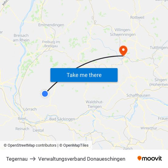 Tegernau to Verwaltungsverband Donaueschingen map