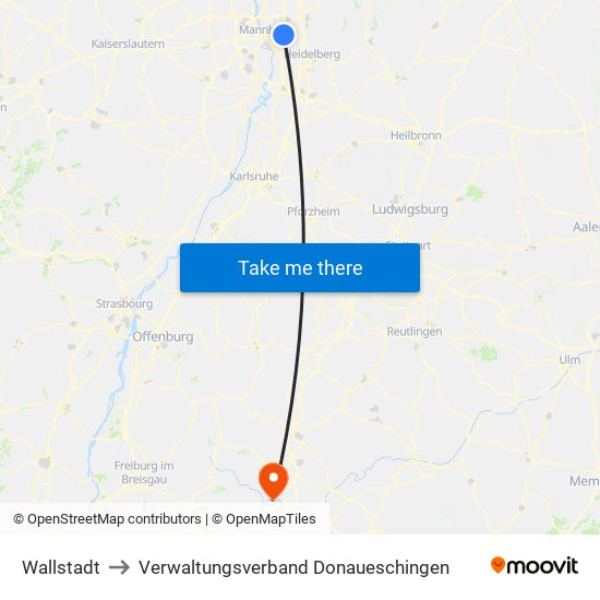 Wallstadt to Verwaltungsverband Donaueschingen map