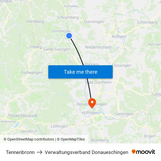 Tennenbronn to Verwaltungsverband Donaueschingen map