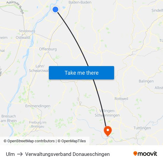 Ulm to Verwaltungsverband Donaueschingen map