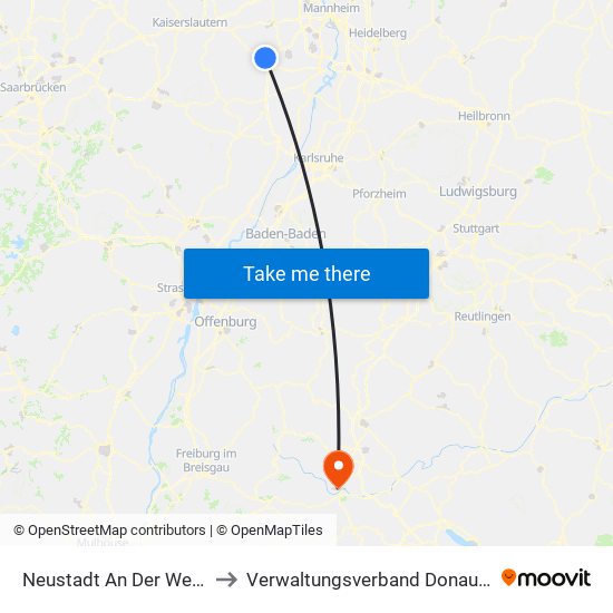 Neustadt An Der Weinstraße to Verwaltungsverband Donaueschingen map