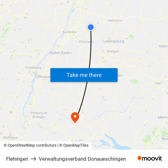 Flehingen to Verwaltungsverband Donaueschingen map