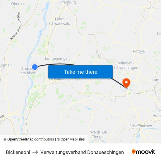 Bickensohl to Verwaltungsverband Donaueschingen map