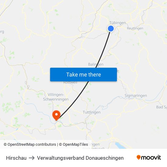 Hirschau to Verwaltungsverband Donaueschingen map