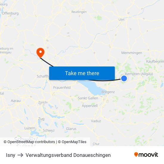 Isny to Verwaltungsverband Donaueschingen map