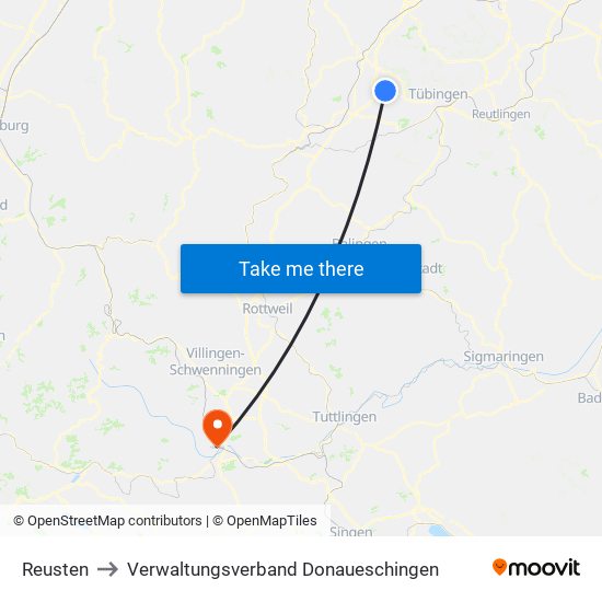 Reusten to Verwaltungsverband Donaueschingen map