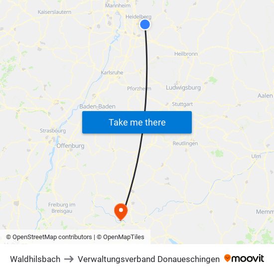Waldhilsbach to Verwaltungsverband Donaueschingen map