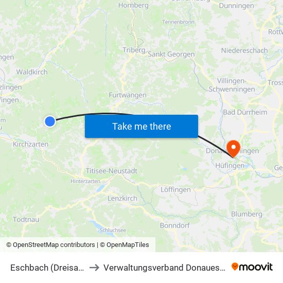 Eschbach (Dreisamtal) to Verwaltungsverband Donaueschingen map