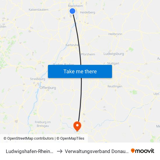 Ludwigshafen-Rheingönheim to Verwaltungsverband Donaueschingen map