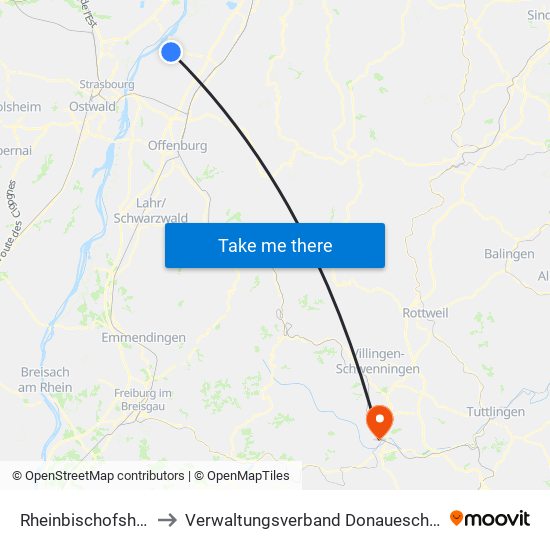 Rheinbischofsheim to Verwaltungsverband Donaueschingen map