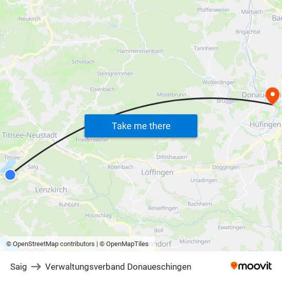 Saig to Verwaltungsverband Donaueschingen map