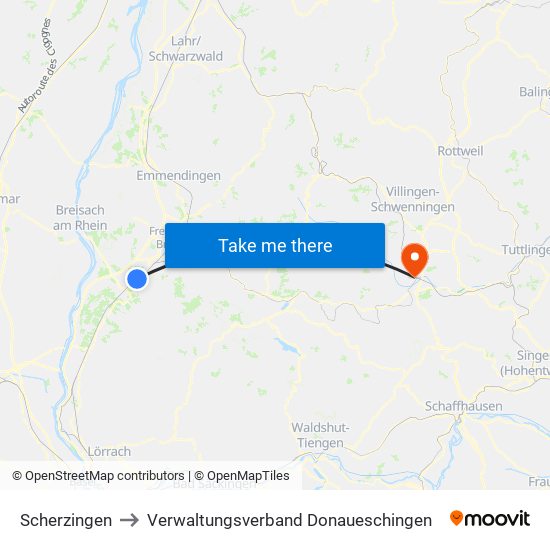 Scherzingen to Verwaltungsverband Donaueschingen map