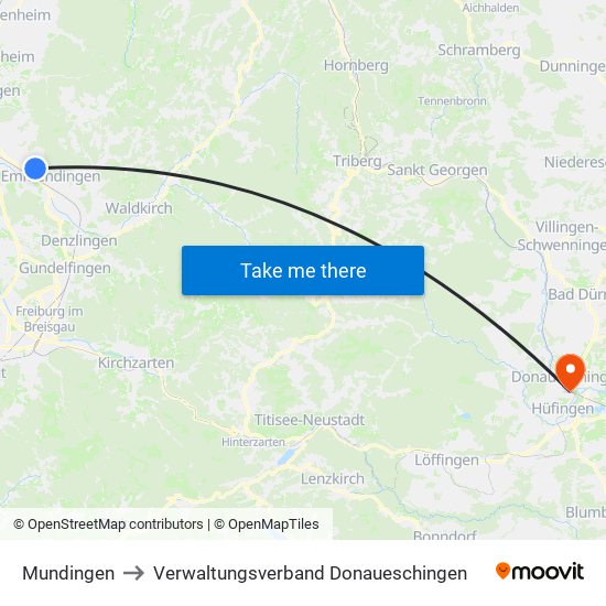 Mundingen to Verwaltungsverband Donaueschingen map