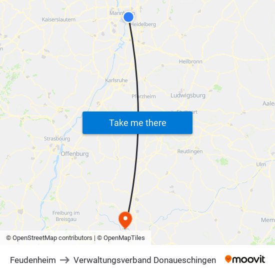 Feudenheim to Verwaltungsverband Donaueschingen map