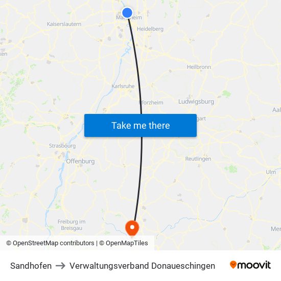 Sandhofen to Verwaltungsverband Donaueschingen map
