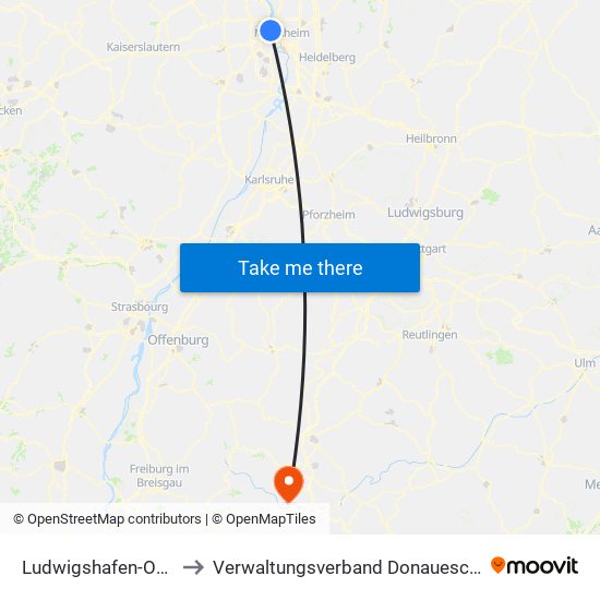 Ludwigshafen-Oppau to Verwaltungsverband Donaueschingen map