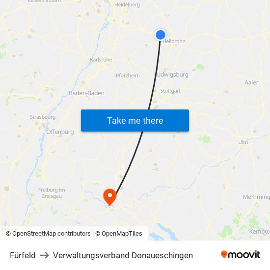 Fürfeld to Verwaltungsverband Donaueschingen map