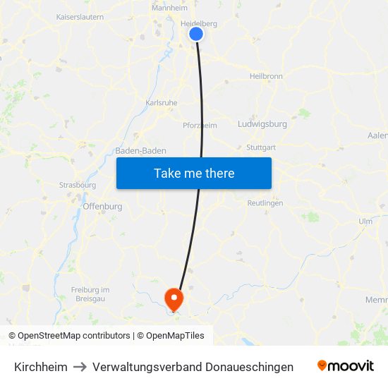 Kirchheim to Verwaltungsverband Donaueschingen map
