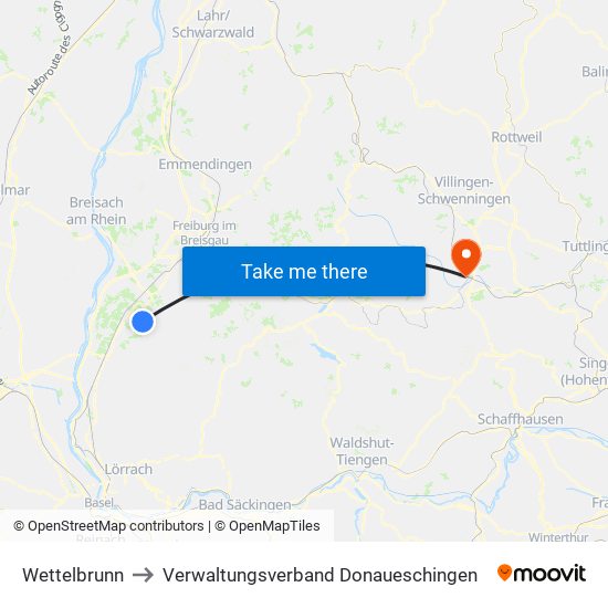 Wettelbrunn to Verwaltungsverband Donaueschingen map