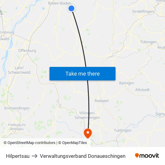 Hilpertsau to Verwaltungsverband Donaueschingen map