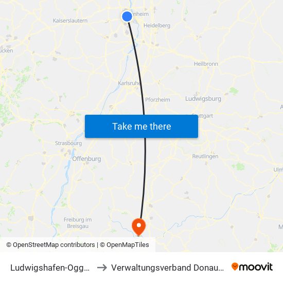 Ludwigshafen-Oggersheim to Verwaltungsverband Donaueschingen map