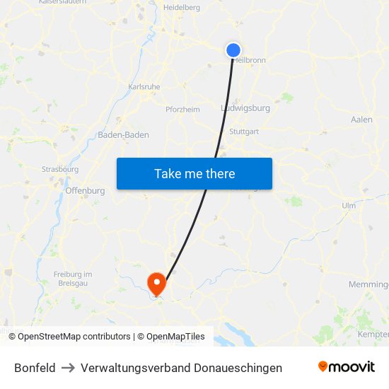 Bonfeld to Verwaltungsverband Donaueschingen map