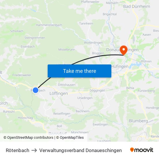 Rötenbach to Verwaltungsverband Donaueschingen map