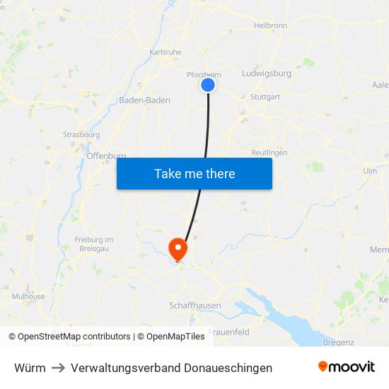 Würm to Verwaltungsverband Donaueschingen map