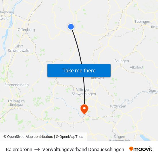 Baiersbronn to Verwaltungsverband Donaueschingen map