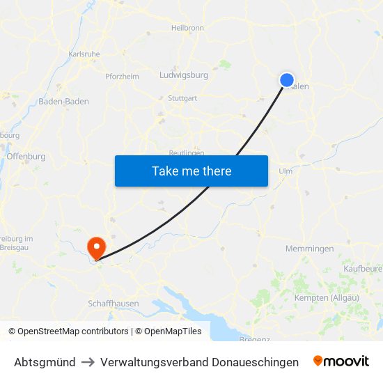 Abtsgmünd to Verwaltungsverband Donaueschingen map