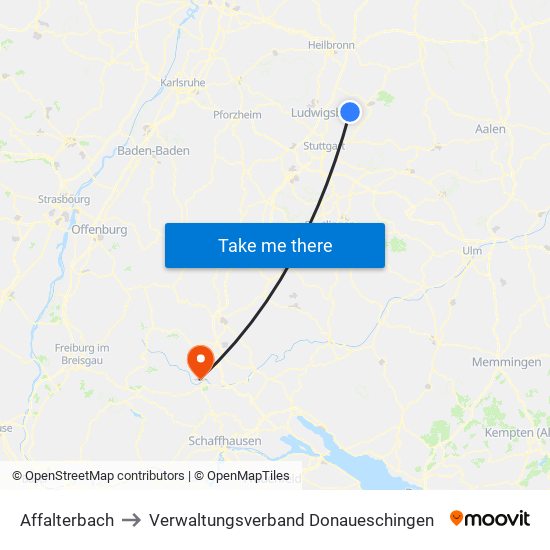 Affalterbach to Verwaltungsverband Donaueschingen map