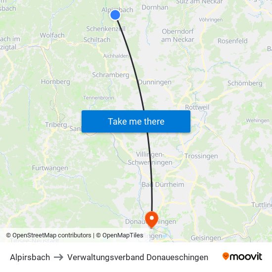 Alpirsbach to Verwaltungsverband Donaueschingen map