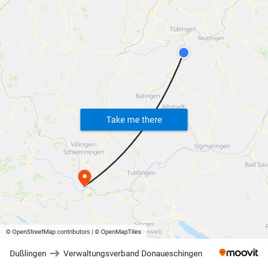 Dußlingen to Verwaltungsverband Donaueschingen map