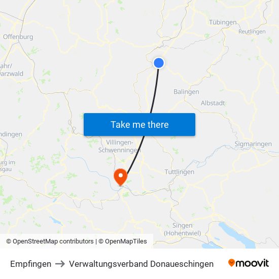 Empfingen to Verwaltungsverband Donaueschingen map